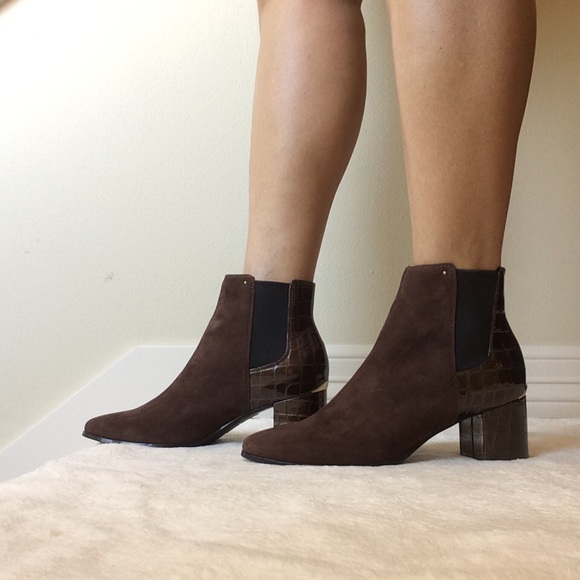 Calvin Klein Brown Suede and Croc Patent Booties - Picture 4 of 9
